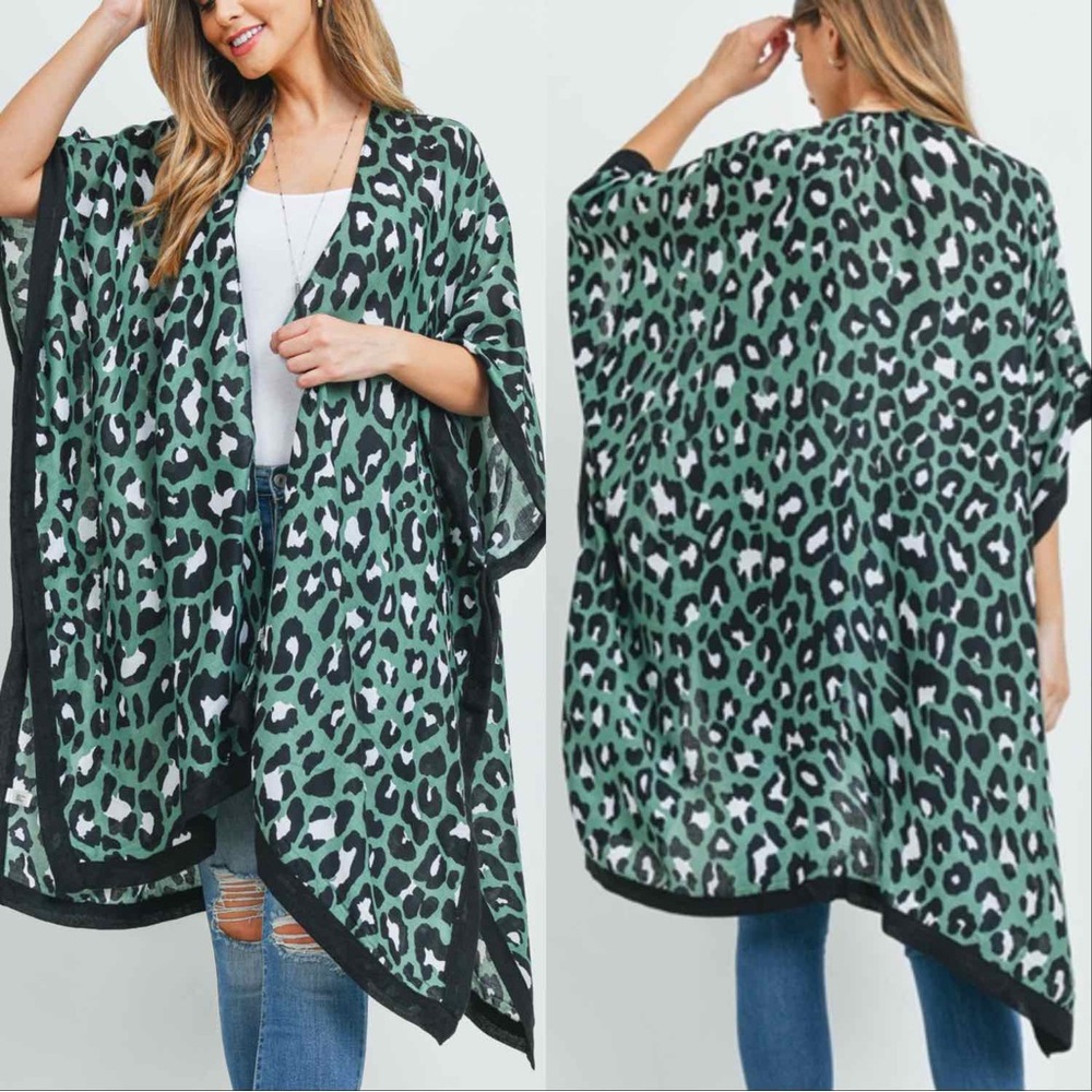 BOHO LEOPARD PRINT KIMONO - GREEN - Picture 4 of 5